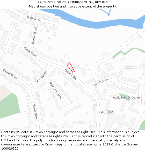 77, THISTLE DRIVE, PETERBOROUGH, PE2 8HY: Location map and indicative extent of plot