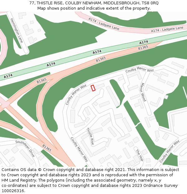 77, THISTLE RISE, COULBY NEWHAM, MIDDLESBROUGH, TS8 0RQ: Location map and indicative extent of plot