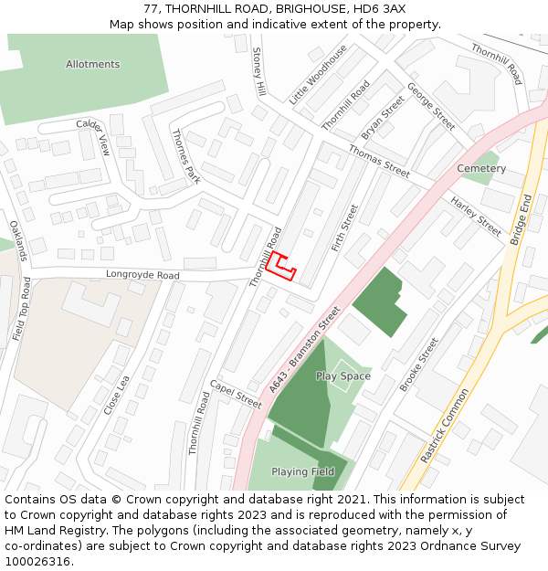 77, THORNHILL ROAD, BRIGHOUSE, HD6 3AX: Location map and indicative extent of plot
