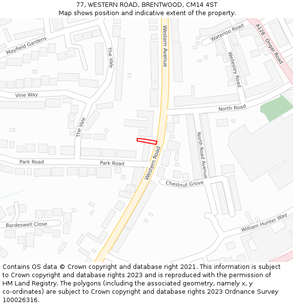 77, WESTERN ROAD, BRENTWOOD, CM14 4ST: Location map and indicative extent of plot
