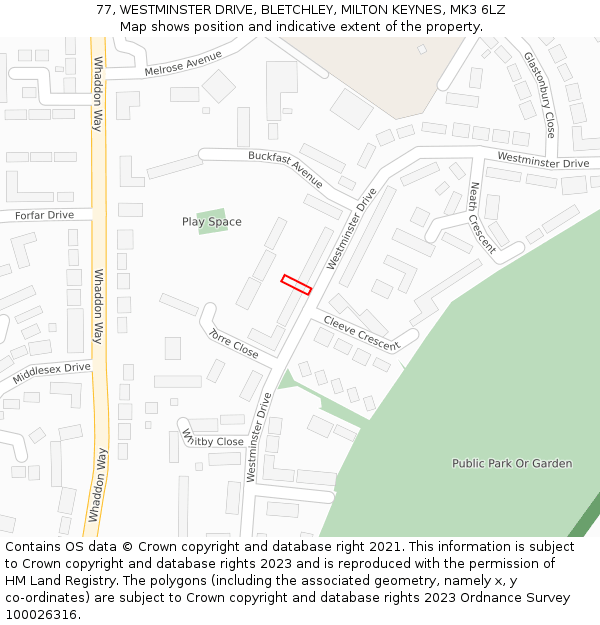 77, WESTMINSTER DRIVE, BLETCHLEY, MILTON KEYNES, MK3 6LZ: Location map and indicative extent of plot