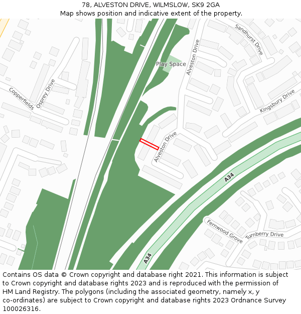 78, ALVESTON DRIVE, WILMSLOW, SK9 2GA: Location map and indicative extent of plot