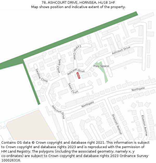 78, ASHCOURT DRIVE, HORNSEA, HU18 1HF: Location map and indicative extent of plot