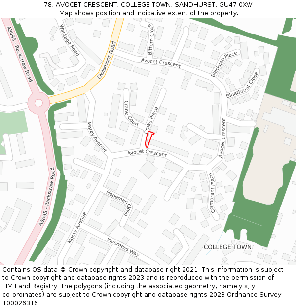 78, AVOCET CRESCENT, COLLEGE TOWN, SANDHURST, GU47 0XW: Location map and indicative extent of plot