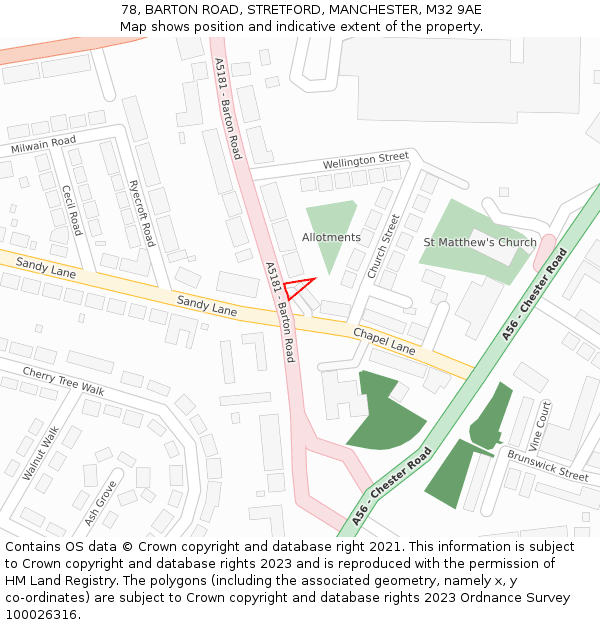 78, BARTON ROAD, STRETFORD, MANCHESTER, M32 9AE: Location map and indicative extent of plot