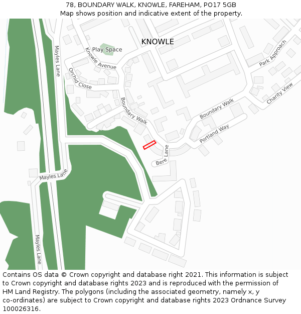 78, BOUNDARY WALK, KNOWLE, FAREHAM, PO17 5GB: Location map and indicative extent of plot