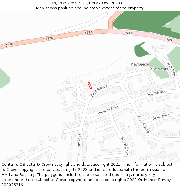 78, BOYD AVENUE, PADSTOW, PL28 8HD: Location map and indicative extent of plot