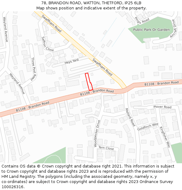 78, BRANDON ROAD, WATTON, THETFORD, IP25 6LB: Location map and indicative extent of plot