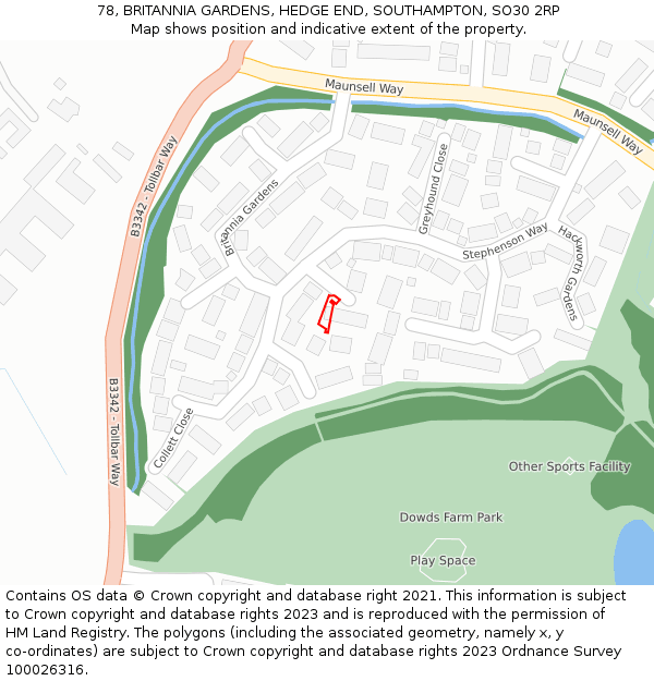 78, BRITANNIA GARDENS, HEDGE END, SOUTHAMPTON, SO30 2RP: Location map and indicative extent of plot