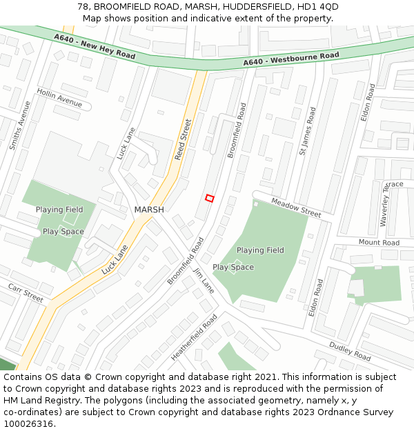 78, BROOMFIELD ROAD, MARSH, HUDDERSFIELD, HD1 4QD: Location map and indicative extent of plot