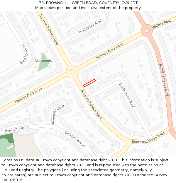 78, BROWNSHILL GREEN ROAD, COVENTRY, CV6 2DT: Location map and indicative extent of plot