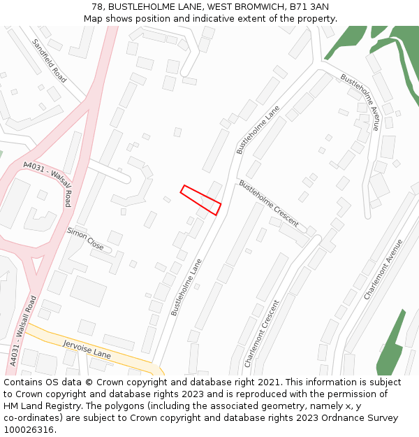 78, BUSTLEHOLME LANE, WEST BROMWICH, B71 3AN: Location map and indicative extent of plot