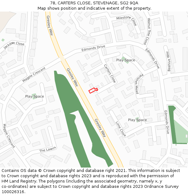 78, CARTERS CLOSE, STEVENAGE, SG2 9QA: Location map and indicative extent of plot