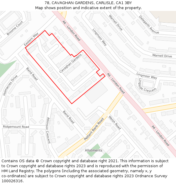 78, CAVAGHAN GARDENS, CARLISLE, CA1 3BY: Location map and indicative extent of plot