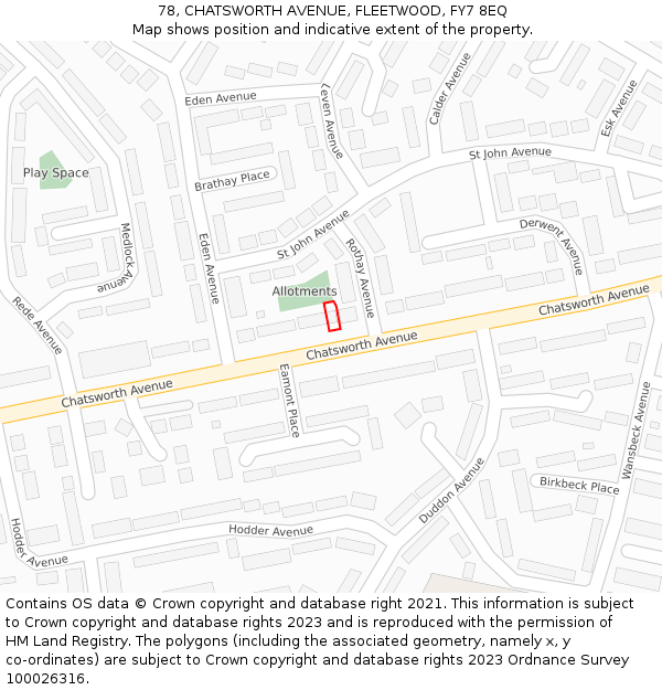 78, CHATSWORTH AVENUE, FLEETWOOD, FY7 8EQ: Location map and indicative extent of plot