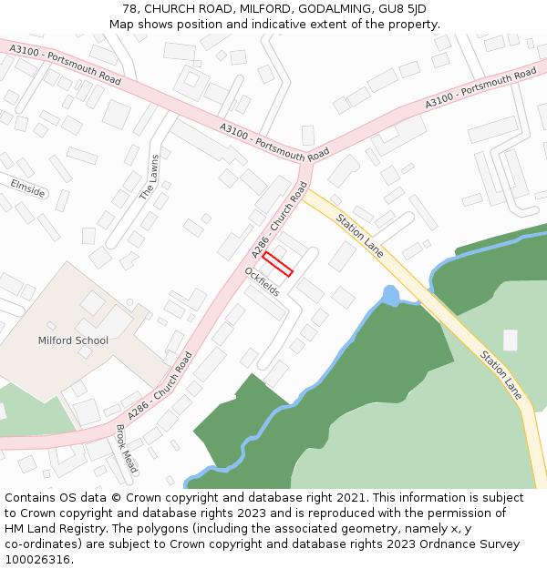 78, CHURCH ROAD, MILFORD, GODALMING, GU8 5JD: Location map and indicative extent of plot