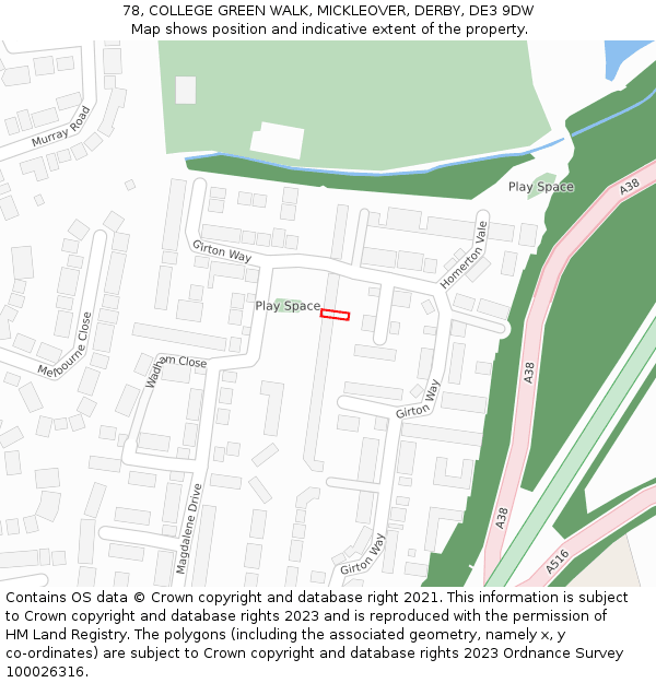 78, COLLEGE GREEN WALK, MICKLEOVER, DERBY, DE3 9DW: Location map and indicative extent of plot