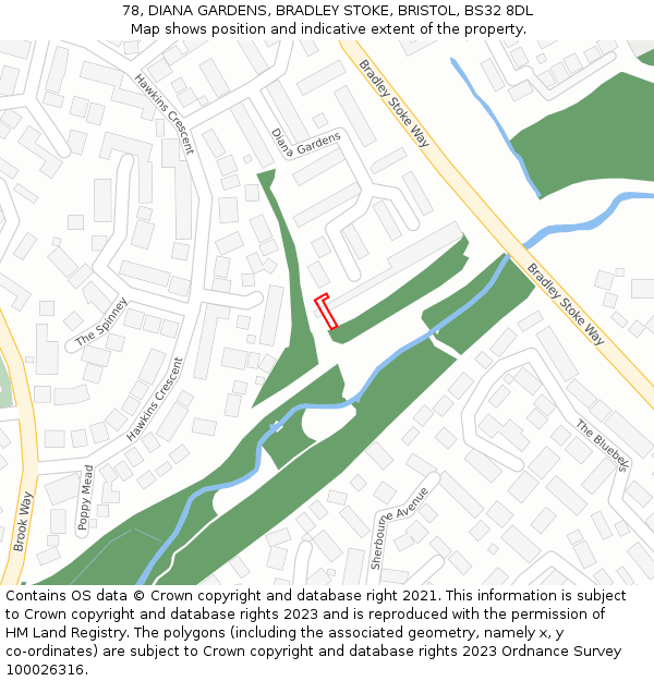 78, DIANA GARDENS, BRADLEY STOKE, BRISTOL, BS32 8DL: Location map and indicative extent of plot