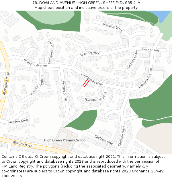 78, DOWLAND AVENUE, HIGH GREEN, SHEFFIELD, S35 4LA: Location map and indicative extent of plot