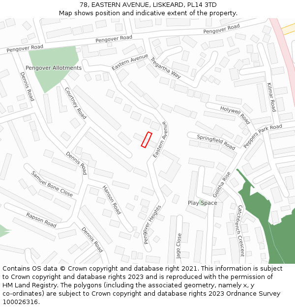 78, EASTERN AVENUE, LISKEARD, PL14 3TD: Location map and indicative extent of plot