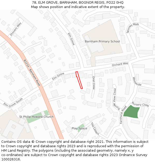 78, ELM GROVE, BARNHAM, BOGNOR REGIS, PO22 0HQ: Location map and indicative extent of plot