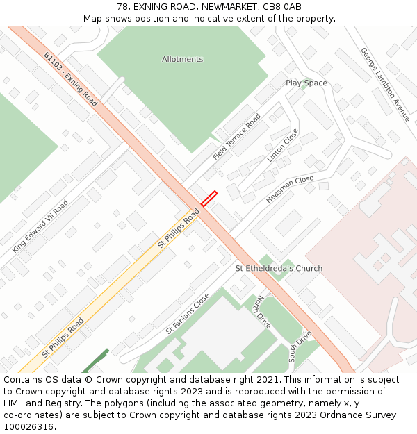 78, EXNING ROAD, NEWMARKET, CB8 0AB: Location map and indicative extent of plot