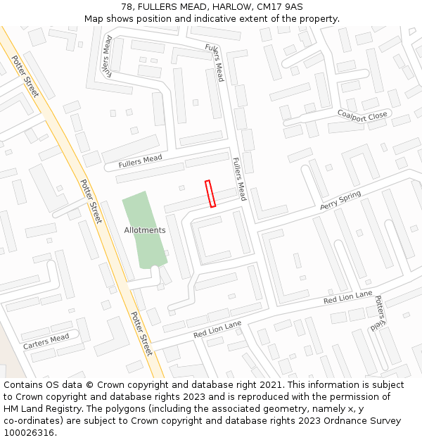 78, FULLERS MEAD, HARLOW, CM17 9AS: Location map and indicative extent of plot