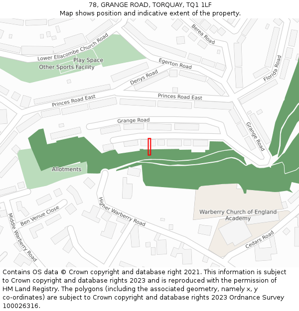 78, GRANGE ROAD, TORQUAY, TQ1 1LF: Location map and indicative extent of plot