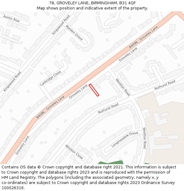 78, GROVELEY LANE, BIRMINGHAM, B31 4QF: Location map and indicative extent of plot