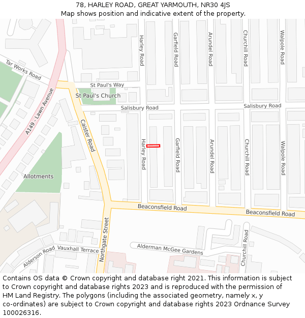78, HARLEY ROAD, GREAT YARMOUTH, NR30 4JS: Location map and indicative extent of plot