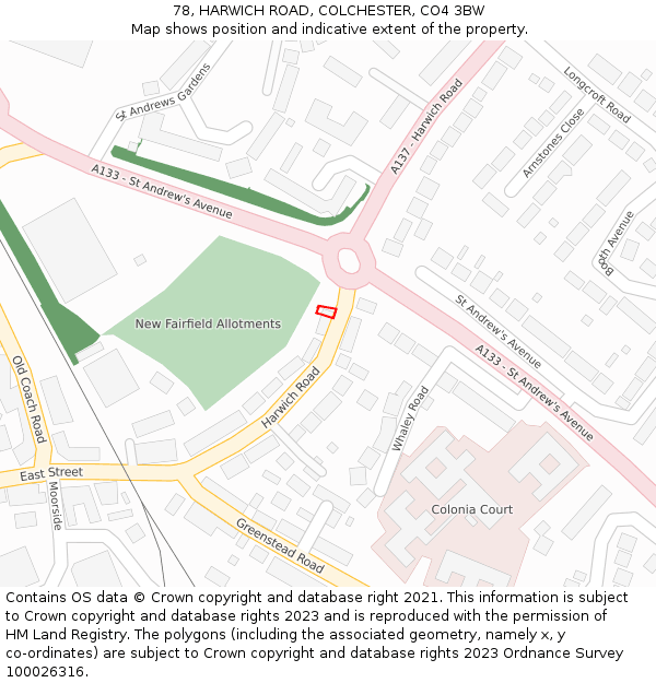 78, HARWICH ROAD, COLCHESTER, CO4 3BW: Location map and indicative extent of plot