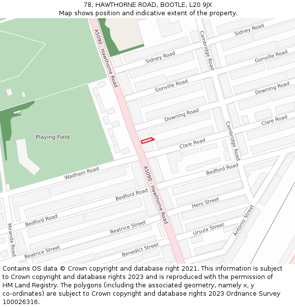 78, HAWTHORNE ROAD, BOOTLE, L20 9JX: Location map and indicative extent of plot