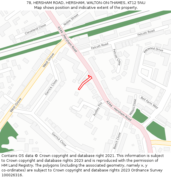 78, HERSHAM ROAD, HERSHAM, WALTON-ON-THAMES, KT12 5NU: Location map and indicative extent of plot