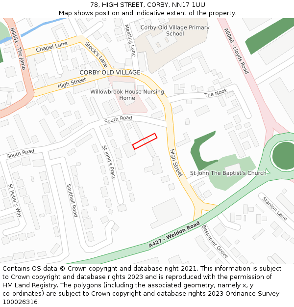 78, HIGH STREET, CORBY, NN17 1UU: Location map and indicative extent of plot