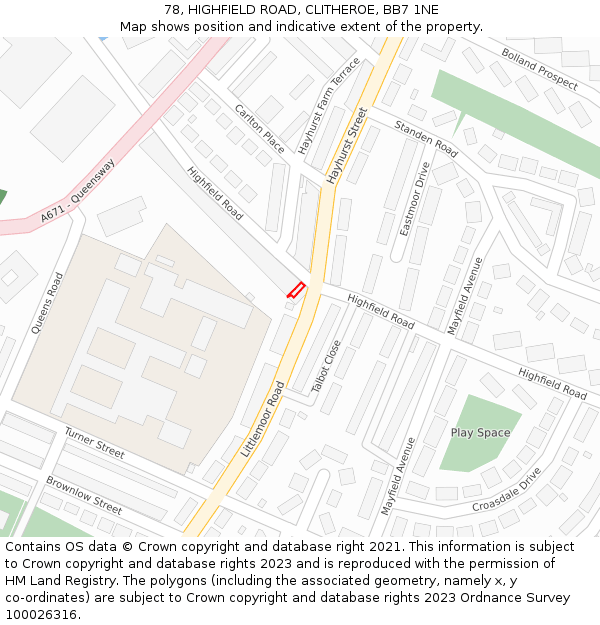 78, HIGHFIELD ROAD, CLITHEROE, BB7 1NE: Location map and indicative extent of plot