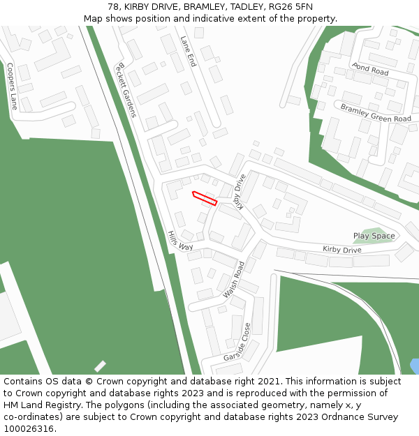 78, KIRBY DRIVE, BRAMLEY, TADLEY, RG26 5FN: Location map and indicative extent of plot