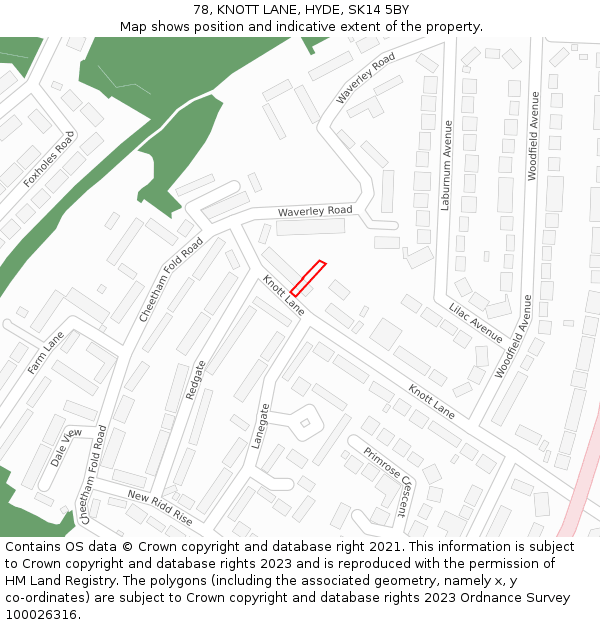 78, KNOTT LANE, HYDE, SK14 5BY: Location map and indicative extent of plot