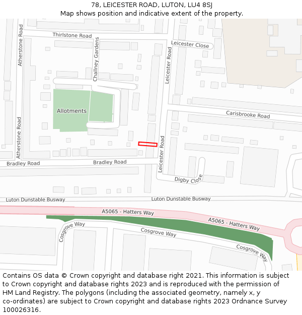 78, LEICESTER ROAD, LUTON, LU4 8SJ: Location map and indicative extent of plot