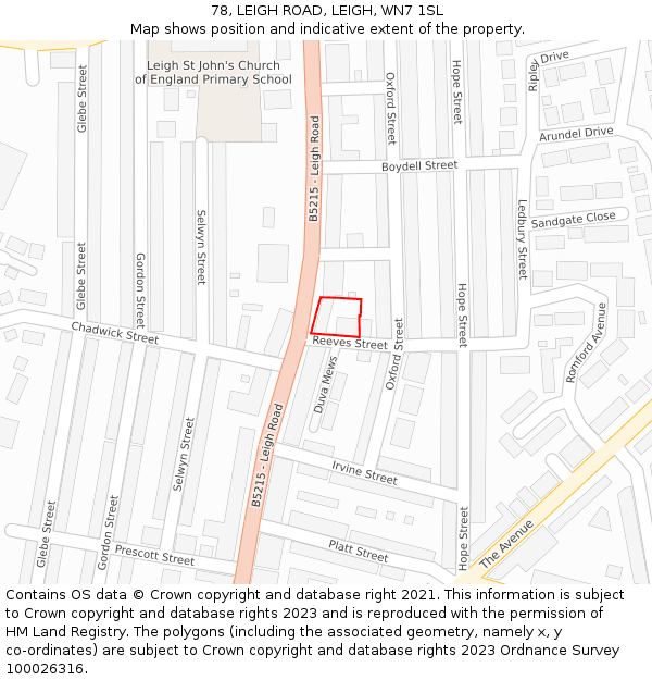 78, LEIGH ROAD, LEIGH, WN7 1SL: Location map and indicative extent of plot