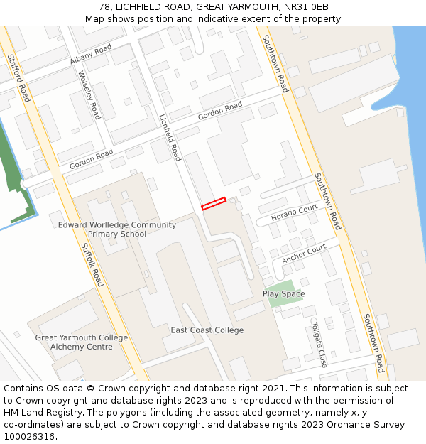 78, LICHFIELD ROAD, GREAT YARMOUTH, NR31 0EB: Location map and indicative extent of plot