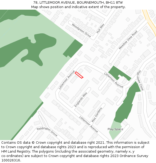 78, LITTLEMOOR AVENUE, BOURNEMOUTH, BH11 8TW: Location map and indicative extent of plot