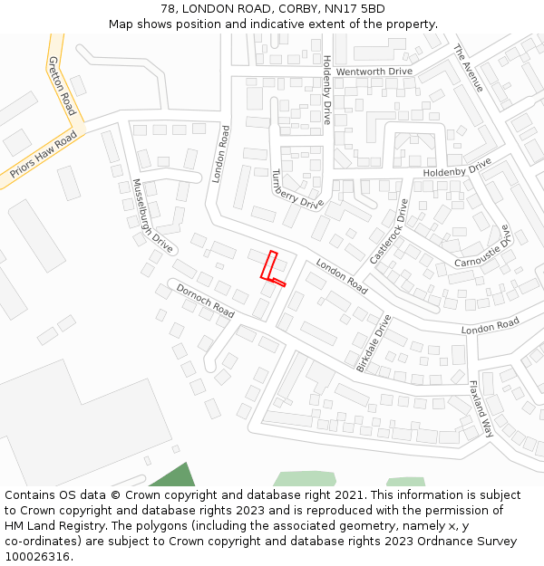 78, LONDON ROAD, CORBY, NN17 5BD: Location map and indicative extent of plot