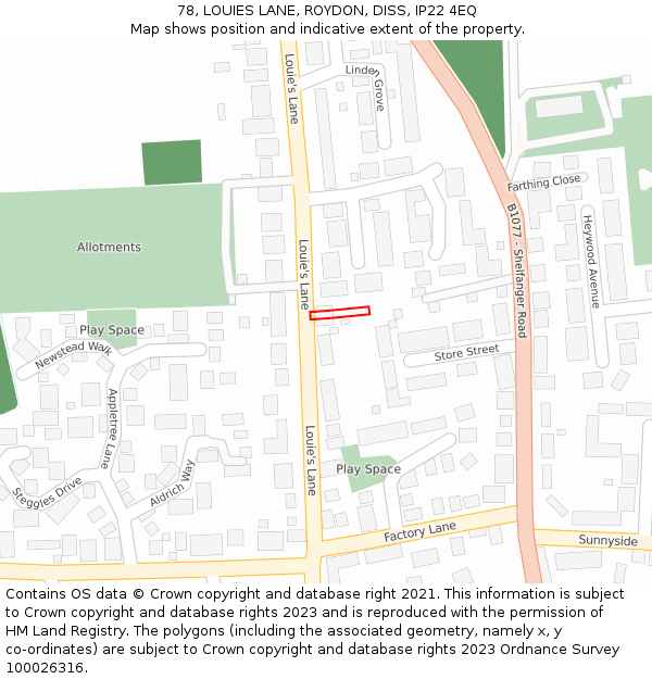 78, LOUIES LANE, ROYDON, DISS, IP22 4EQ: Location map and indicative extent of plot