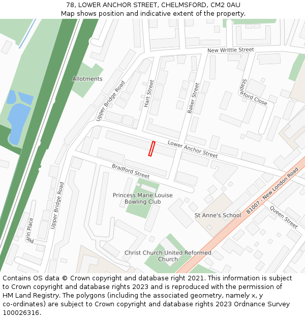 78, LOWER ANCHOR STREET, CHELMSFORD, CM2 0AU: Location map and indicative extent of plot