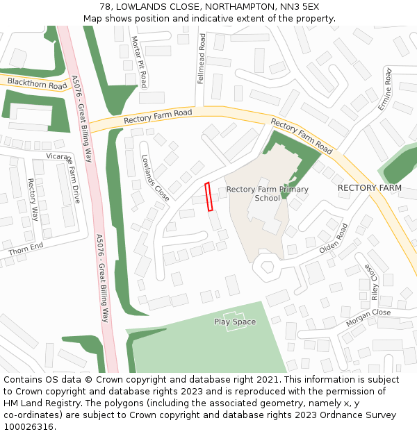78, LOWLANDS CLOSE, NORTHAMPTON, NN3 5EX: Location map and indicative extent of plot