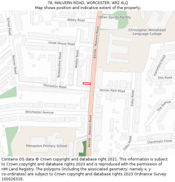 78, MALVERN ROAD, WORCESTER, WR2 4LQ: Location map and indicative extent of plot