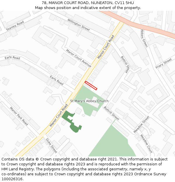78, MANOR COURT ROAD, NUNEATON, CV11 5HU: Location map and indicative extent of plot