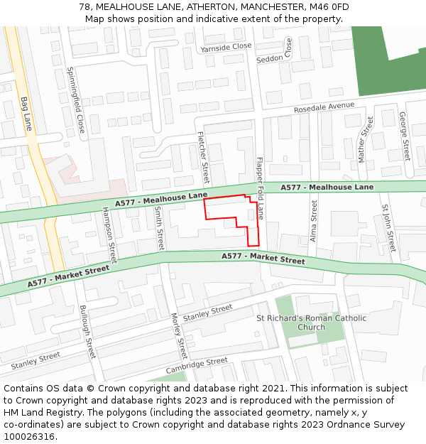 78, MEALHOUSE LANE, ATHERTON, MANCHESTER, M46 0FD: Location map and indicative extent of plot