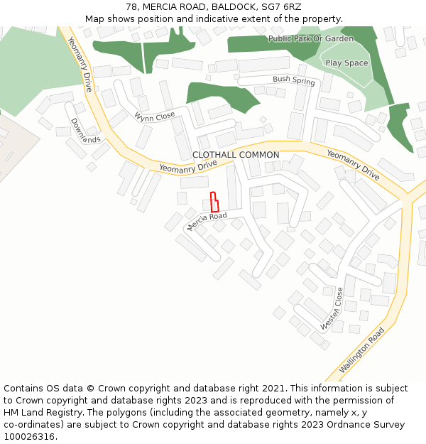 78, MERCIA ROAD, BALDOCK, SG7 6RZ: Location map and indicative extent of plot