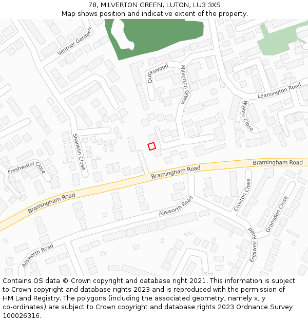 78, MILVERTON GREEN, LUTON, LU3 3XS: Location map and indicative extent of plot